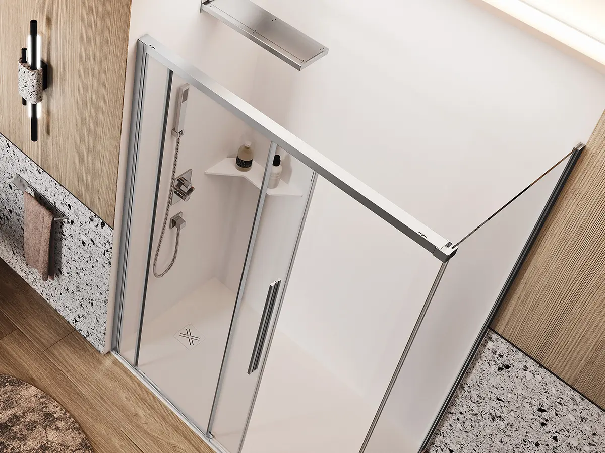 Shower enclosure with angular sliding door equipped with soft-close