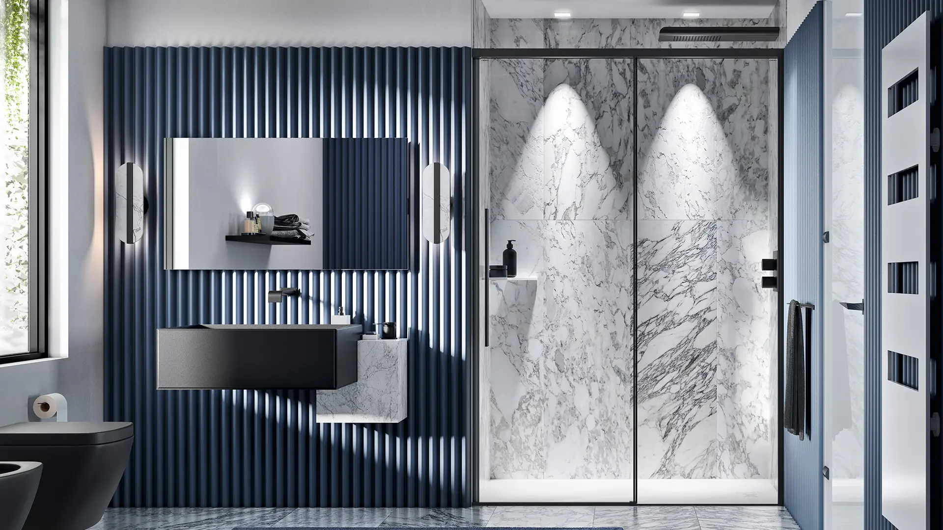 Shower enclosure in niche with black profiles