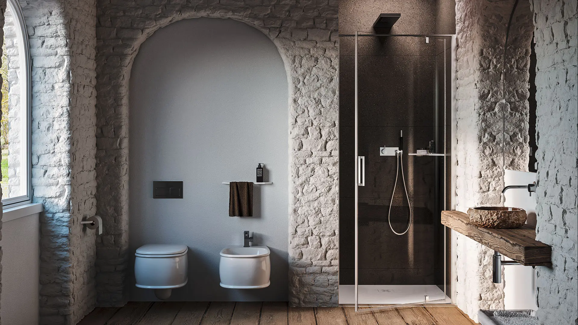 Box doccia in nicchia minimal con porta pivot