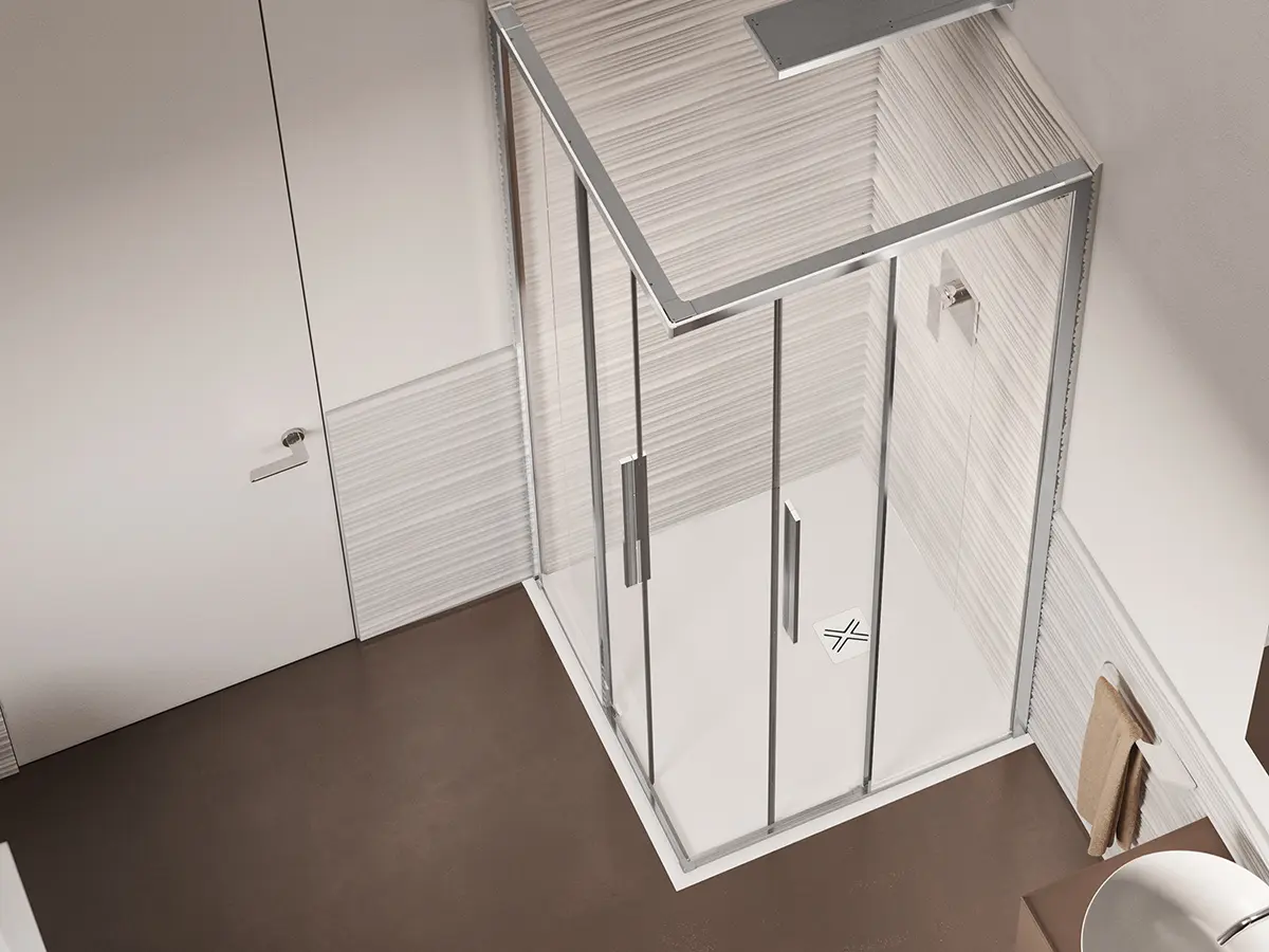 Top view of corner shower enclosure with double sliding door
