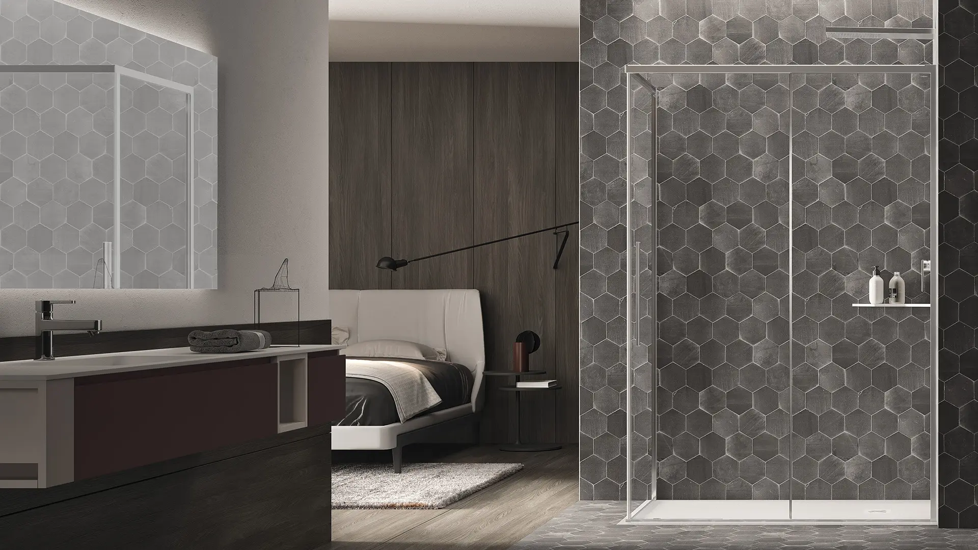 Corner shower enclosure with sliding door and polished aluminum profiles