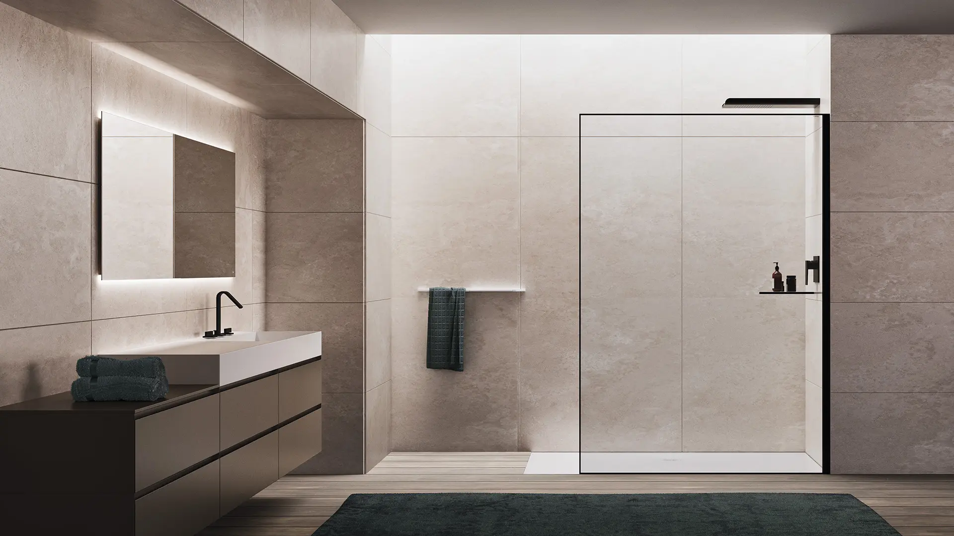 Box doccia walk-in con cornice e profili neri