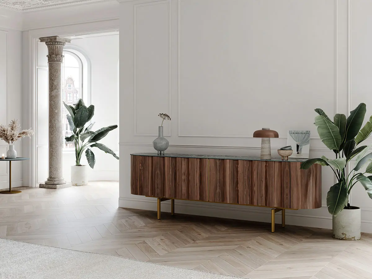 El-it sideboard in walnut and ceramic top.