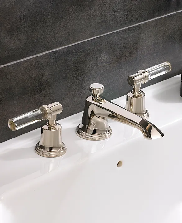 Style Moderne 3 hole basin filler with pop-up waste in Polished Nickel with Clear Glass levers