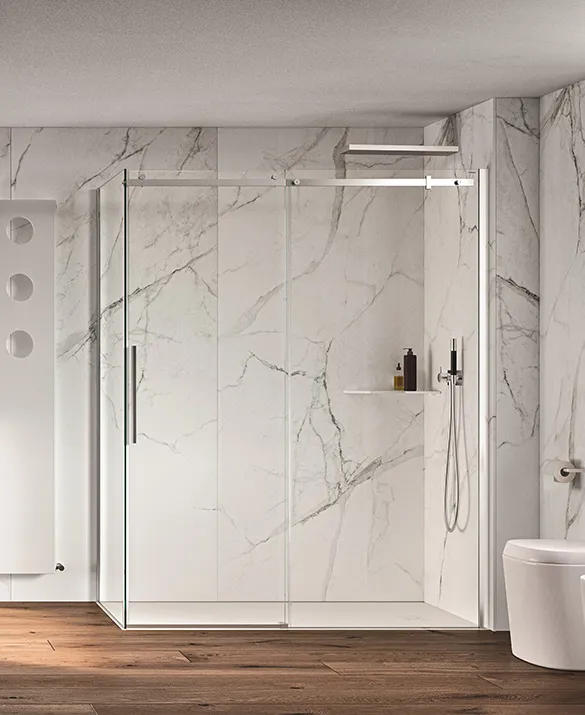 Corner shower enclosure with sliding door, aluminum profiles