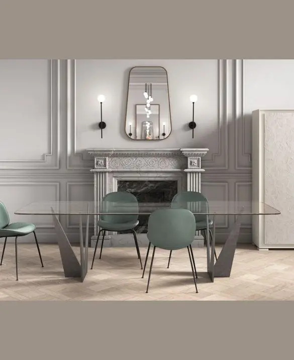 TABLE WITH METALLIC BASE AND GLASS TOP