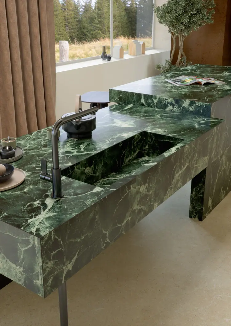 Top Marble Look Verde Aver Satin, Wall Metal Look Corten Metal, Floor Stone Look Limestone Ivory Satin