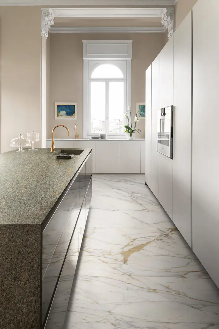 Top Stone Look Porfido Greenery, Floor Marble Look Golden White Satin, Furnishing Solid Color White Satin