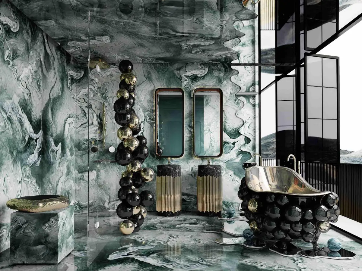 Bathroom design with Newston Bathtub, with gold details, marble halls and floor.