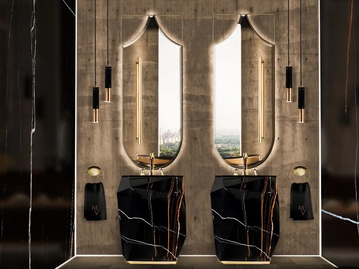 Glamorous dark master bathroom with diamond faux marble freestanding and koi mirror