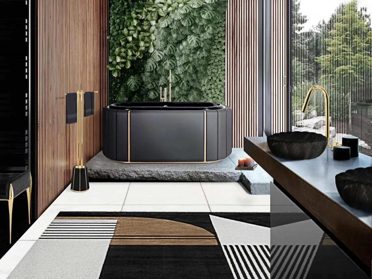 Nature bathroom design with a Darian Bathtub, a rug design, and gold and wood details.