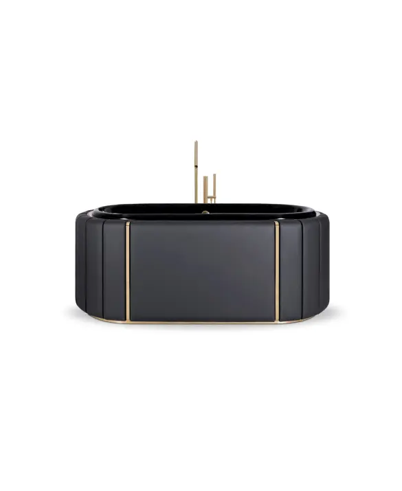 Darian Bathtub was conceived with precise knowledge of production techniques and materials, from metalwork to upholstery. Featuring a cluster of gold-plated brass asymmetrical bars enveloping a black leather structure.