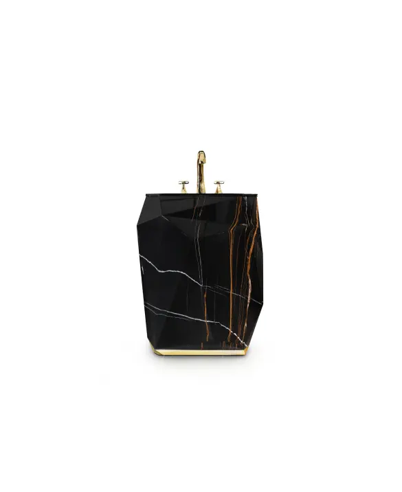 The Diamond Faux Marble Pedestal Sink  features a dazzling wooden structure finished in a faux-marble painting glossy finish, contrasting perfectly with the interior, covered in gold leaf.