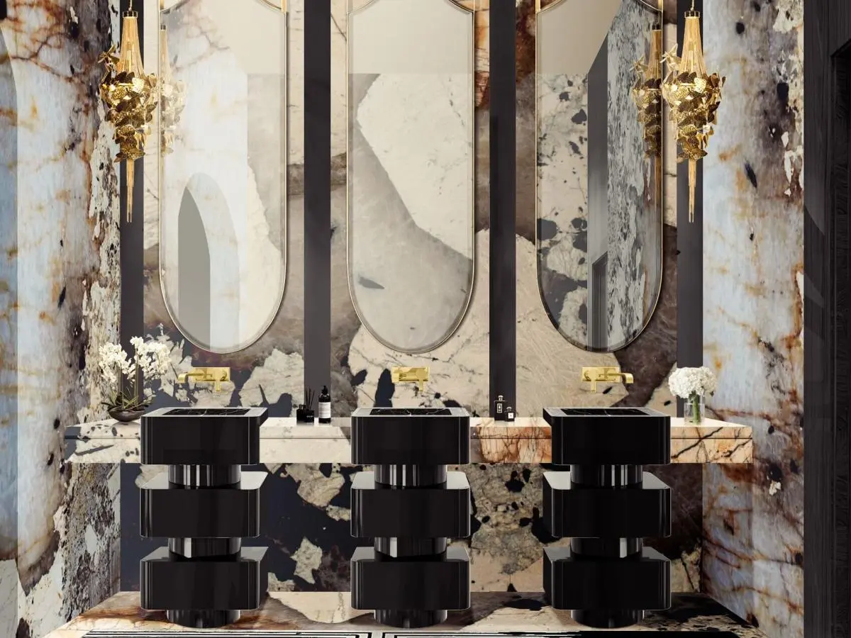 Glamorous marble luxury bathroom with Shinto Freestand.