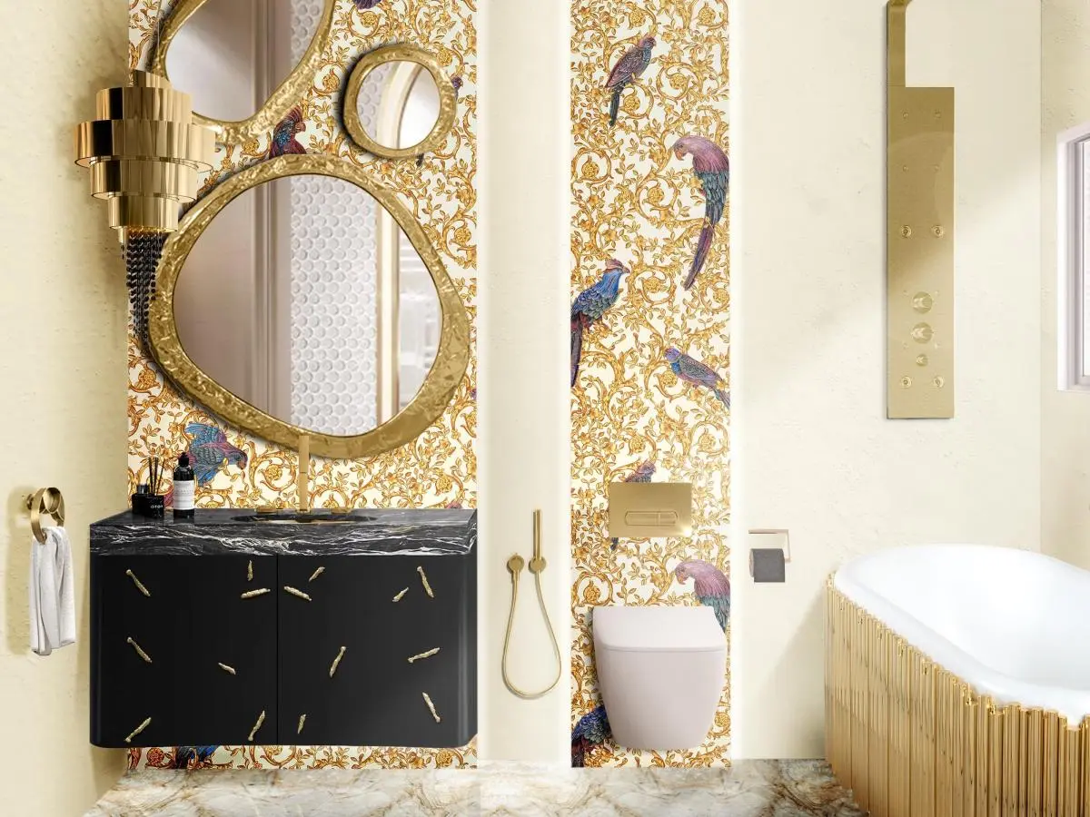 Design del bagno ispirato all'oro con il mobile a sospensione singolo Baraka.