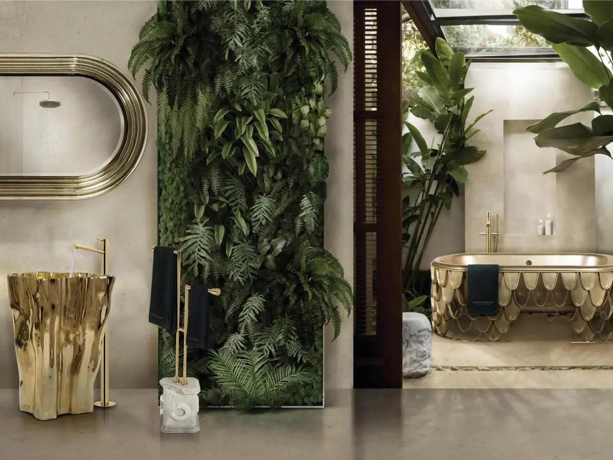 Nature filled bathroom design with koi bathtub and eden frestand