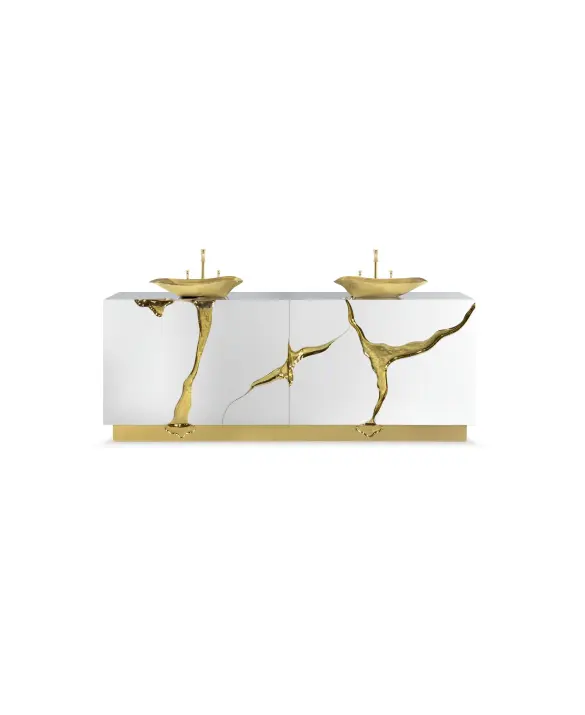Lapiaz was inspired by the typical karst formations produced by the dissolution of limestone rocks. With a polished brass tear enhanced by its rich aesthetic as well as a set of four doors finished in poplar root veneer, this Lapiaz Vanity Cabinet is such a statement that stands out in your bathroom interior design!