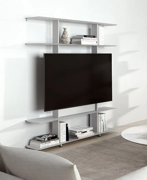 Porta TV largo 1600 mm, pensato per l'uso individuale o per formare composizioni con i mensoloni Wing. 