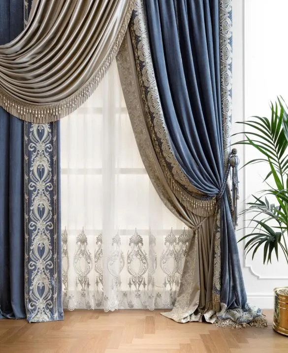 In the collection of classic luxury curtains Royal solo valza, in blue and gold silk, the leaves follow one another elegant and superb, designing luxurious and regal spaces
