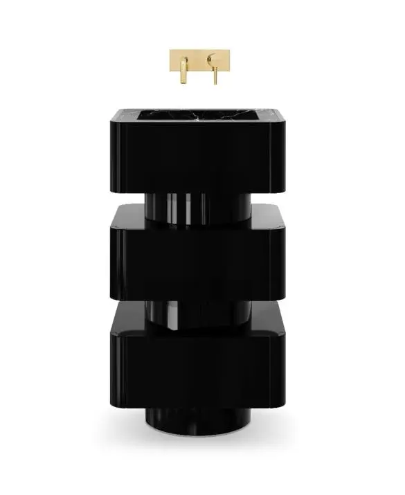 Shinto shrines are places of reverence and the abodes of the 'kami' Gods, where sacred objects are stored in the innermost chamber of the altar, not seen by anybody. The Shinto Freestanding was designed with a gloss black lacquered structure and Nero Marquina marble sink that will award your bathroom design a unique style.