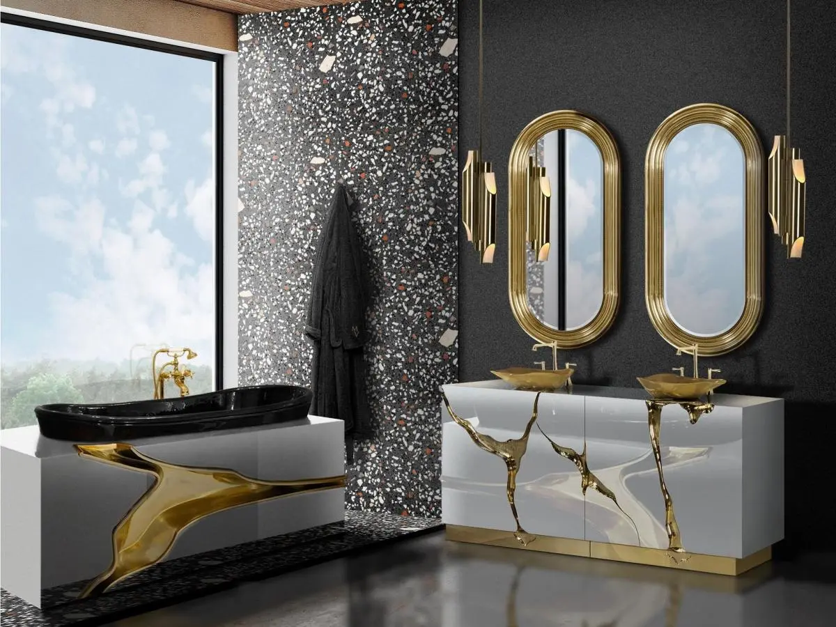 Modern Bathroom with gold details and Lapiaz Washbasin.