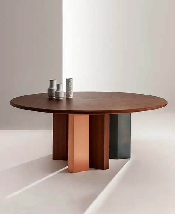 laurameroni imperfetto rounded design table in wood and metal lacquering