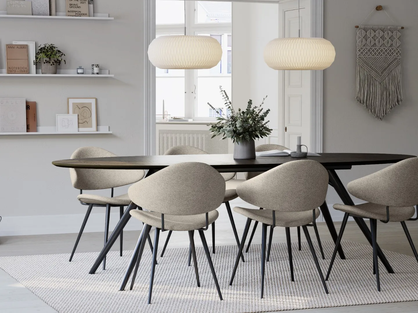 DAN-FORM's NAPOLEON chairs in pebble earth bouclé fabric around the ECLIPSE table in a Copenhagen apartment