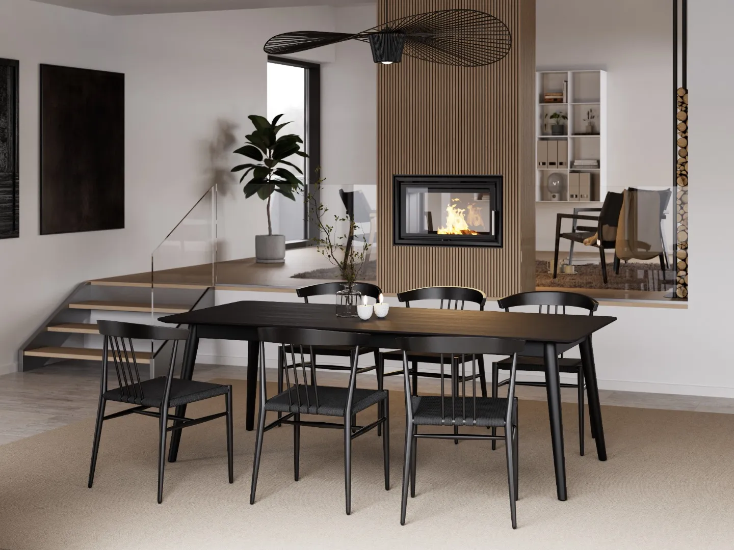 DAN-FORM's SAVA chairs in black paper cord around the YOLO table in a Scandinavian villa