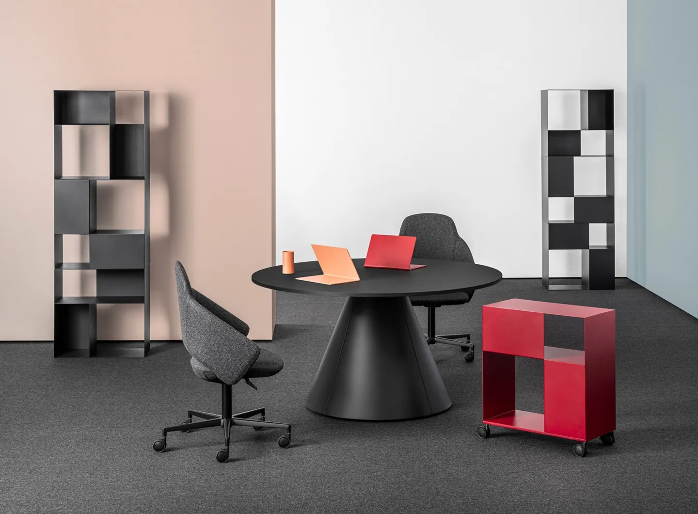 Mara - Follow Meeting Cone table / Icon armchair / B302 Roll and Bookcase