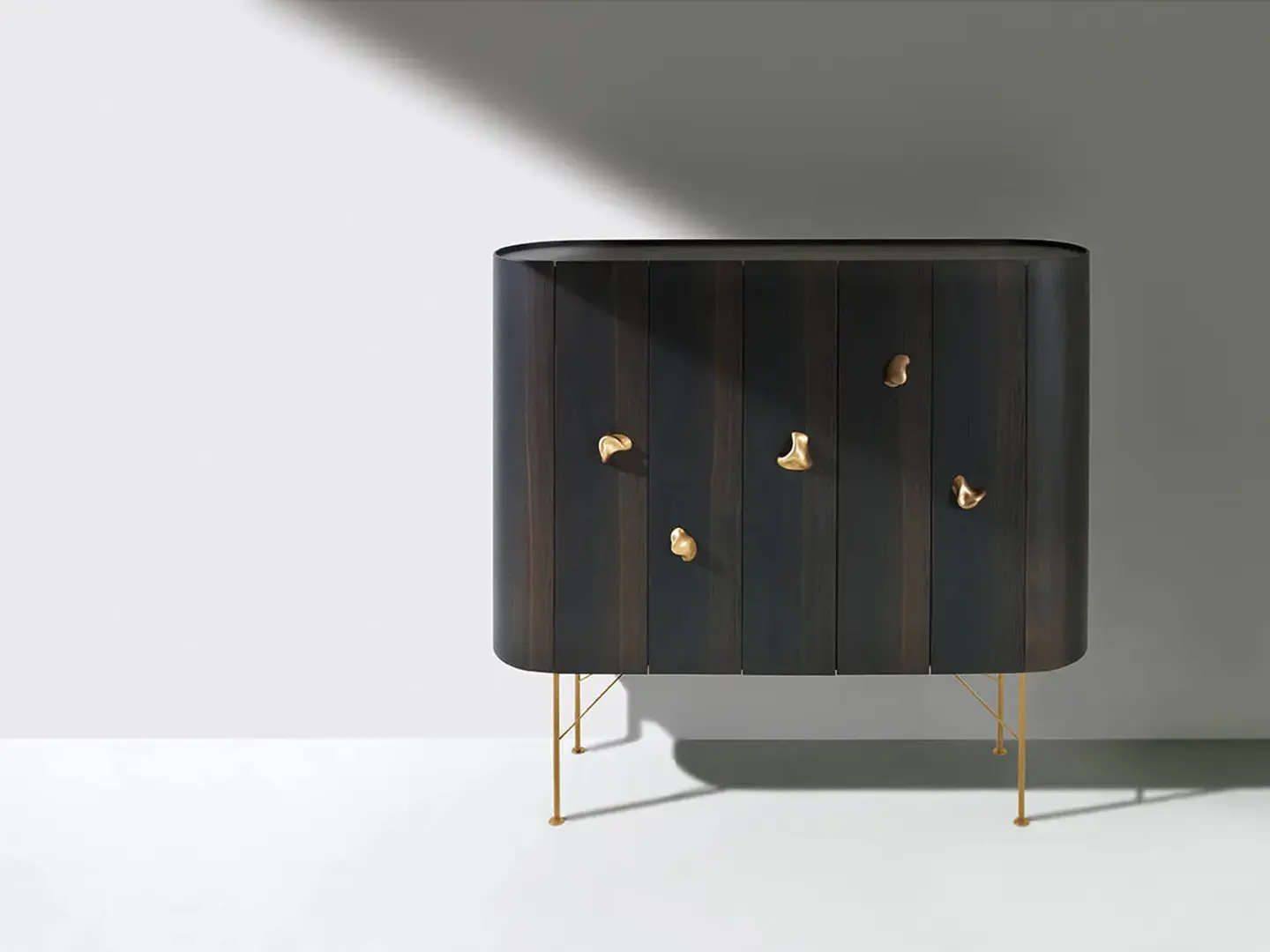 laurameroni, collectionist, cabinet, wood, gold details, salone milano