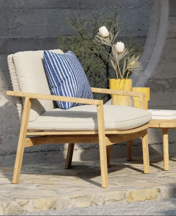 The reflection of the sun hitting the armchair in garden.   The wide range of colors, enriched by new fabrics from Sunbrella, the leading American brand in the world of furnishing textiles, allows for a multitude of configurations and the exploration of the available nuances.