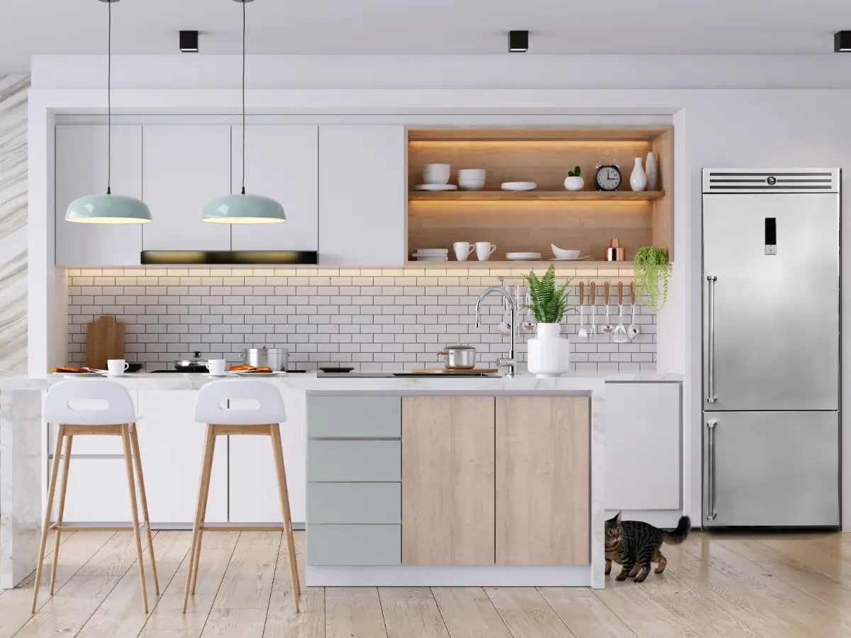 picture of a kitchen with stainless steel refrigerator