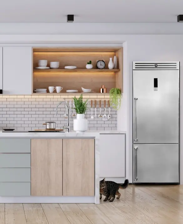 picture of a kitchen with a stainless steel refrigerator