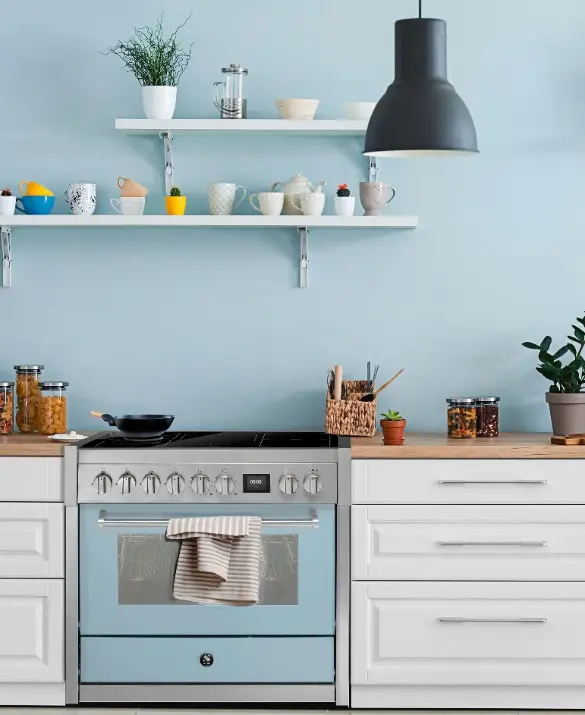 picture of a light-blue kitchen