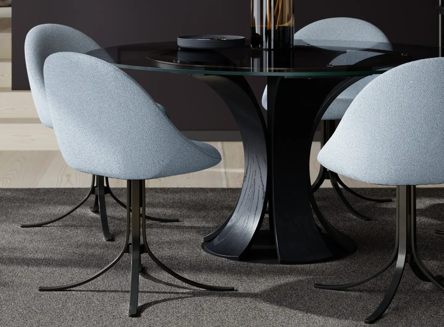 The dark tones really highlights the DOLO chairs in blue fog bouclé
