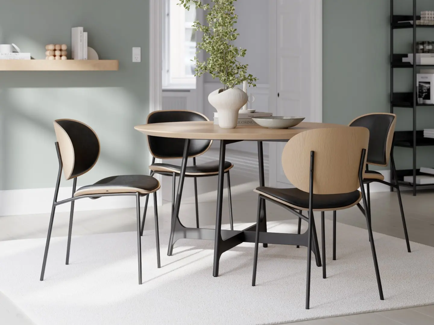 CLEMENTINA_chairs_whitewashed_oak_w._raven_black_faux_leather_around_OOID_round_table_whitewashed_oak_and_PROTOPIA_shelves_whitewashed_oak_2.jpg