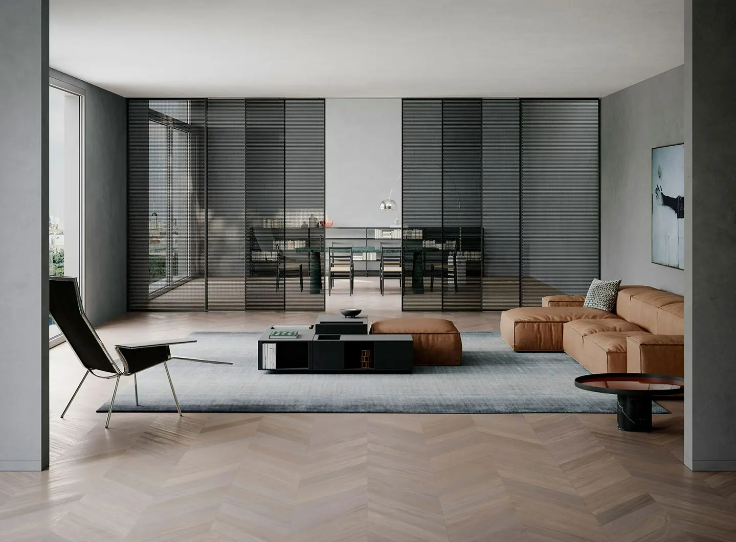 L7 - fixed and sliding doors partition system - 3d printed glass Liquorice - designed by Piero Lissoni