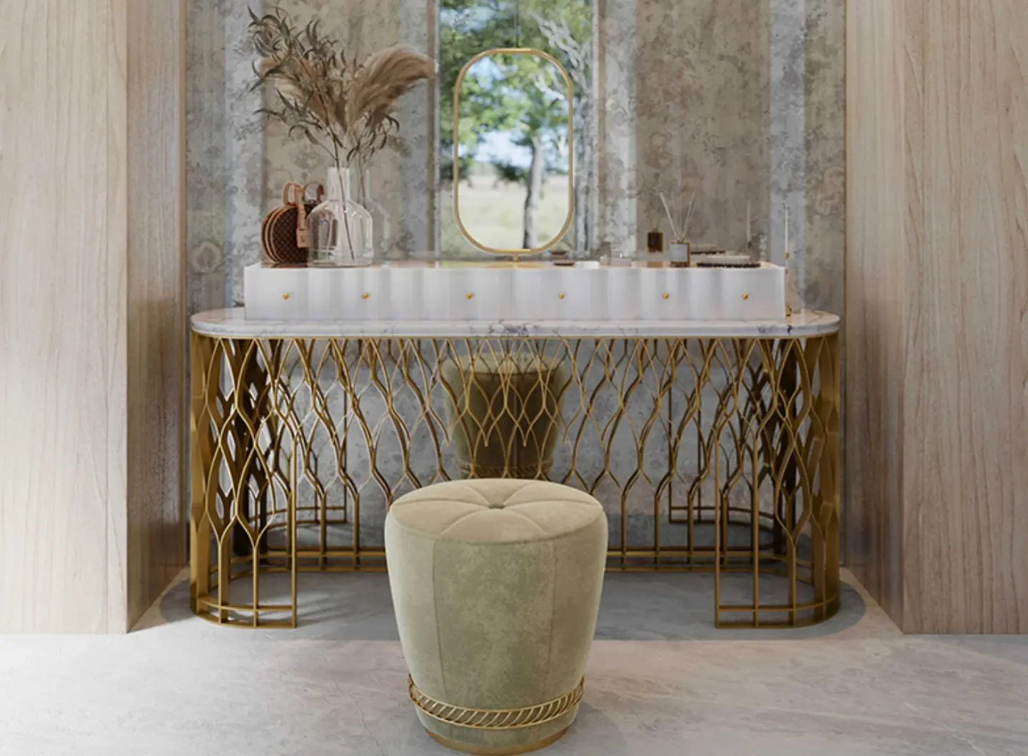Un'area Vanity senza tempo con accenti dorati e arredi raffinati by Maison Valentina