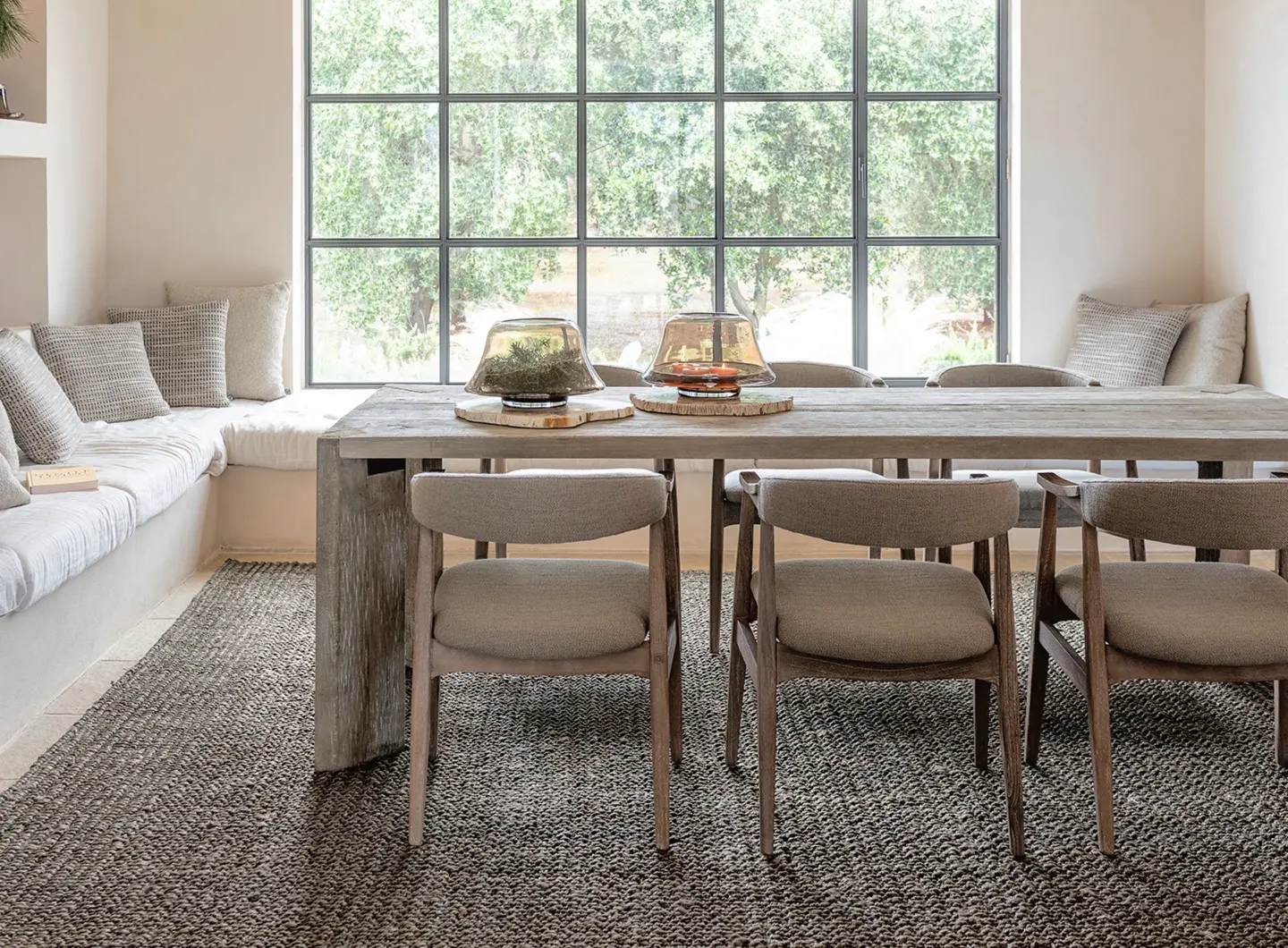 Gommaire Table Archie, Armchair Faye Upholstered, Rectangular Rug Castor and Vase Marah