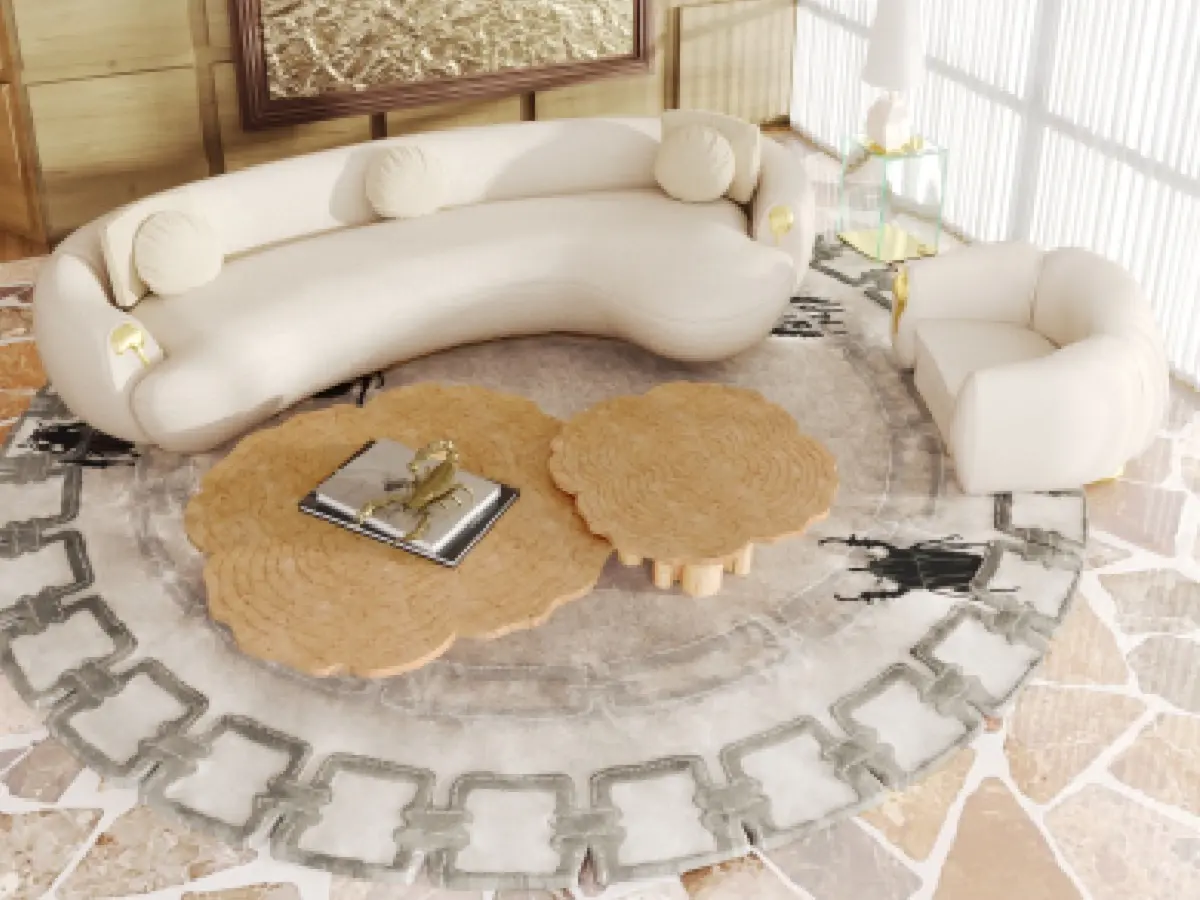 MODERN LUXURY LIVING ROOM WITH AMAZING GOLDEN BUGS RUG