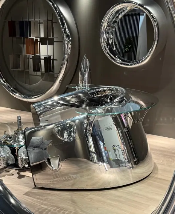 Reception desk made from orginal airplane engine cowling 