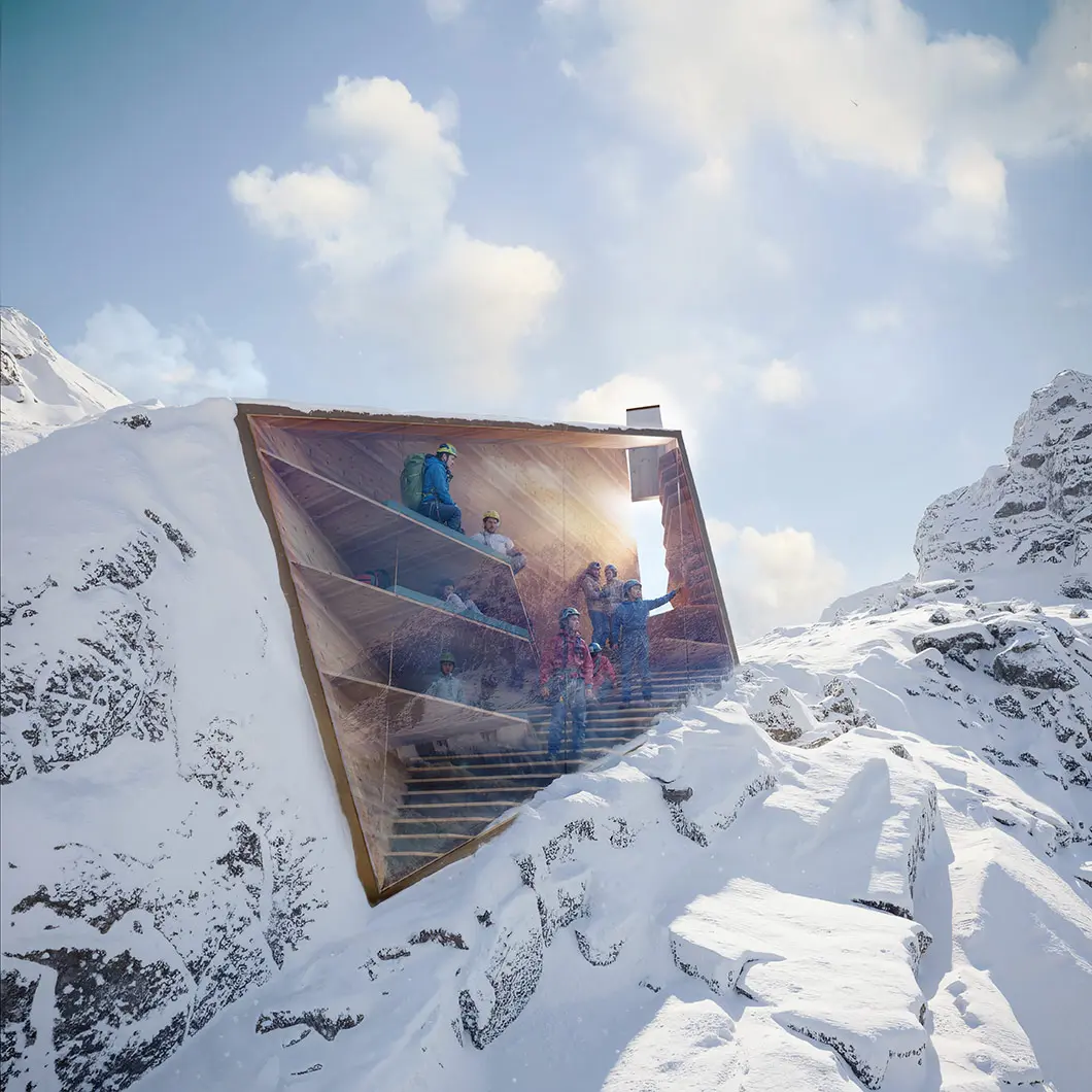 Veduta esterna del Bivacco sulle alpi realizzato da CRA-Carlo Ratti Associati