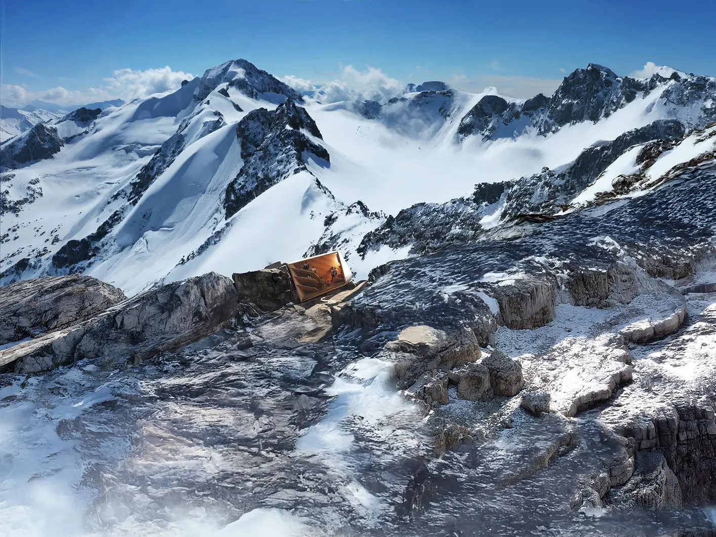Veduta esterna larga del Bivacco sulle alpi realizzato da CRA-Carlo Ratti Associati