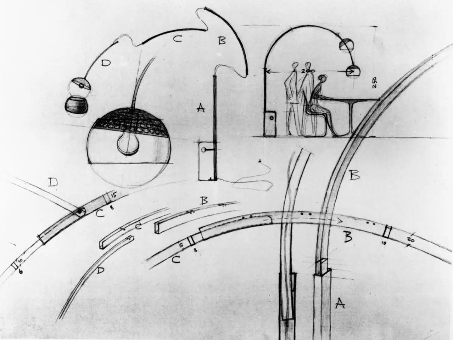 Achille Castiglioni, studio per lampada Arco, disegno. Courtesy Fondazione Achille Castiglioni 