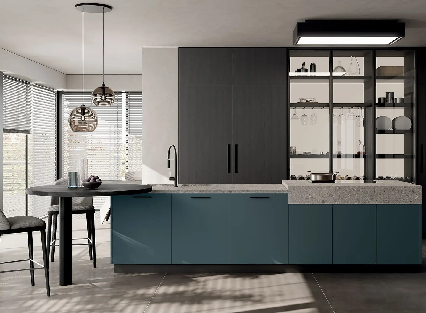 Cucina Moda - ante laccato opaco Verde Ottanio, decorativo Quercia Brownie e telaio alluminio finitura Grigio Antracite con vetro fumé trasparente.