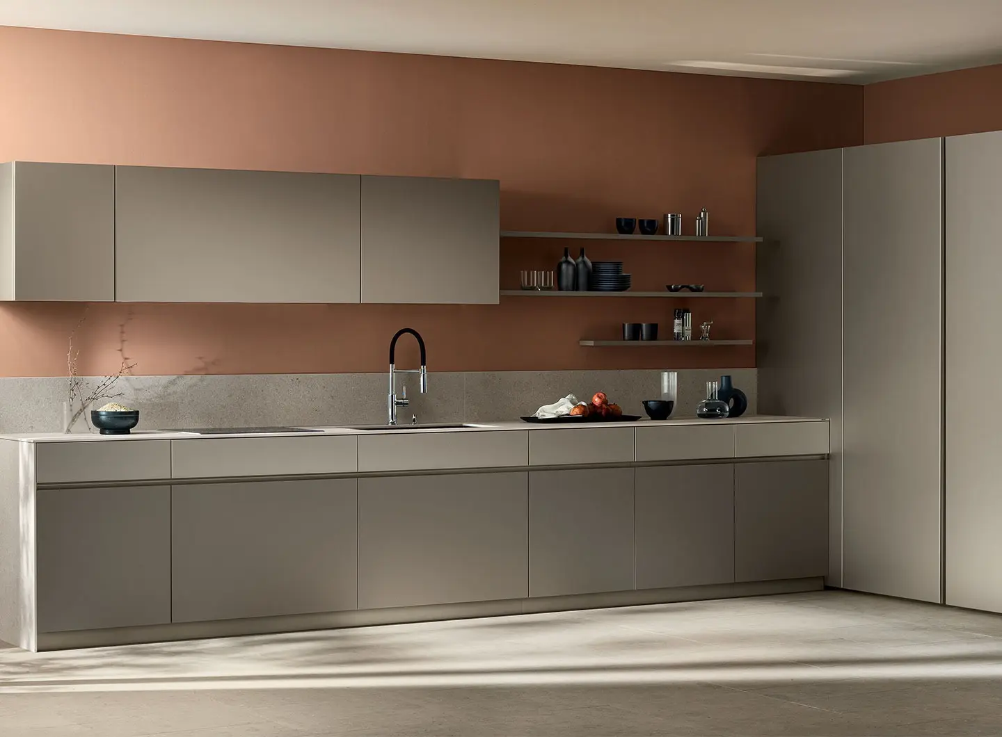 Poetica kitchen - Dust decorative melamine and Perlage pearl-effect matt lacquered doors.