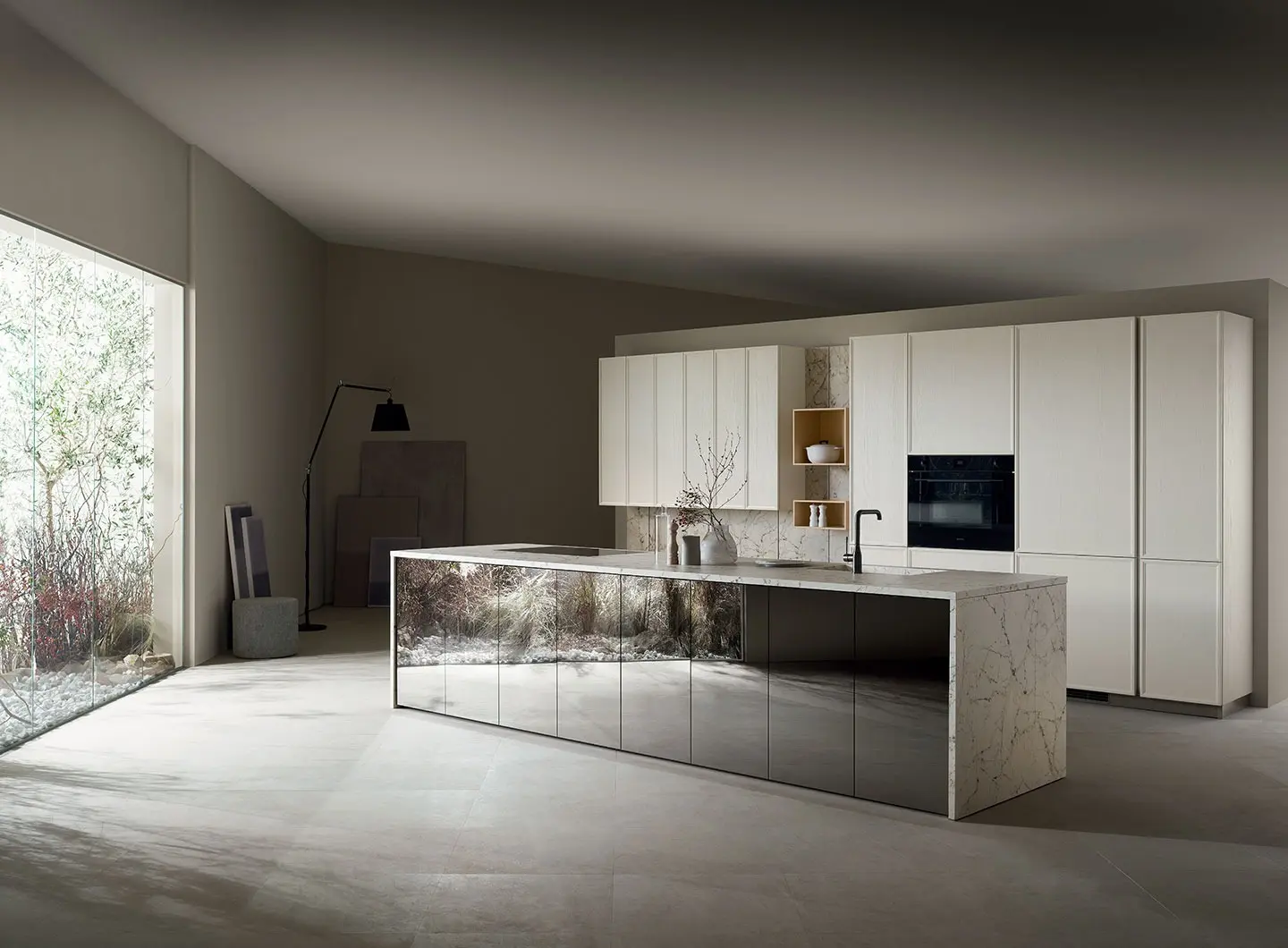 Poetica kitchen - Rice Ash wooden frame doors and Steel Stopsol glass doors.
