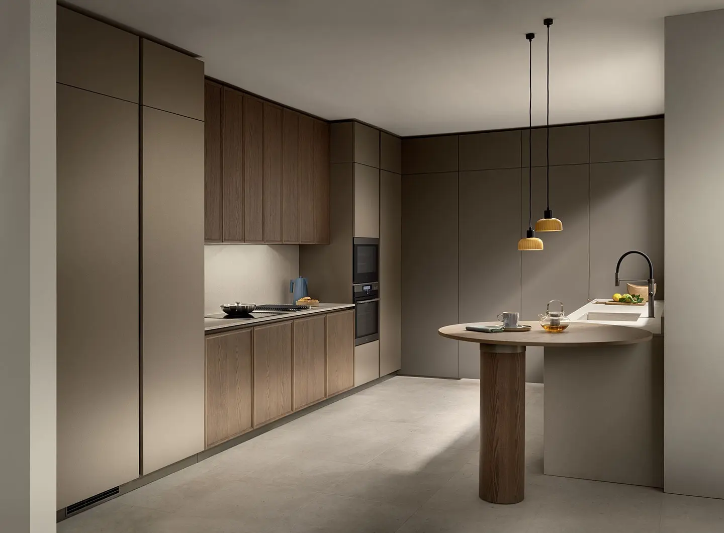 Poetica kitchen - Pearl Gold microdecor PET doors, Matera Grey matt lacquered doors and Pecan Ash wooden frame doors.