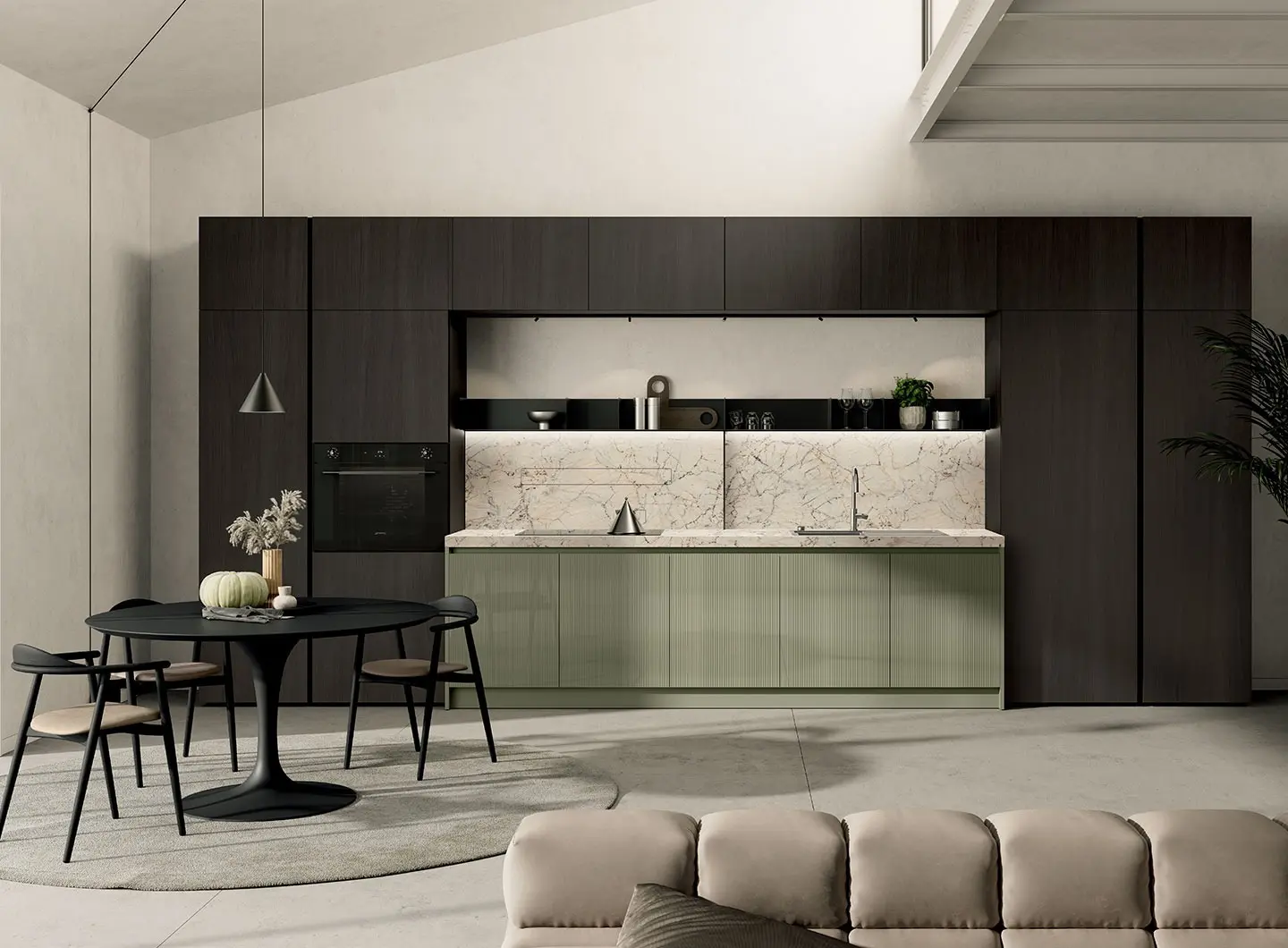 Regola kitchen - Seaweed Green glossy lacquered slat doors, Coal Oak veneered doors and Anthracite finish metal open-fronted elements.