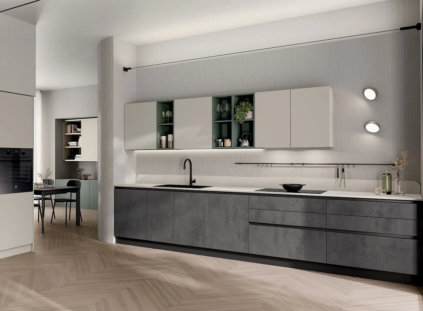 Regola kitchen -  Concrete Dark decorative melamine and Hemp decorative melamine doors and Forest decorative melamine open-fronted elements.